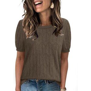 Women Short Sleeve Brown Sweater Round Neck Summer Work Beach Vacation Top
